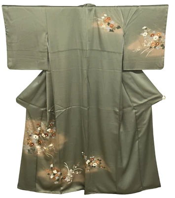 Kimono japonais vintage en soie vert cher magnifique hauteur fleur 63,77 pouces - Photo 1/4