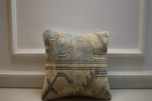 Vintage Turkish Kilim Pillow Cover – Handmade Beige Blue Rug Cushion 16x16 - Picture 1 of 5