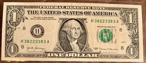 Fancy Serial Number H 38223383 A FRN 2017 St Louis One $1.00 Bill - Picture 1 of 2