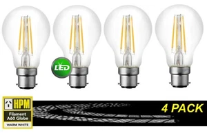 4 x 3W LED Filament Light Globes Bulbs B22 Bayonet BC 500Lm Warm White - HPM - Picture 1 of 8