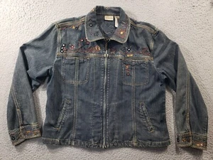 Chico's Jacket Women's 2 Blue Denim Full Zip Aztec Embroidered Western Stretch - Picture 1 of 11