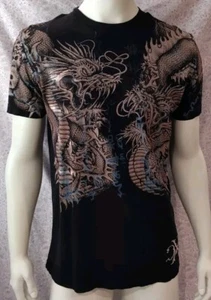 Nuovo senza etichette!! Xtreme Couture, T-Shirt Nera Double Sided Dragons Large - Foto 1 di 4
