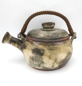 Vintage Studio Pottery Teapot Stoneware Glazed with Woven Handle Signed - Picture 1 of 16