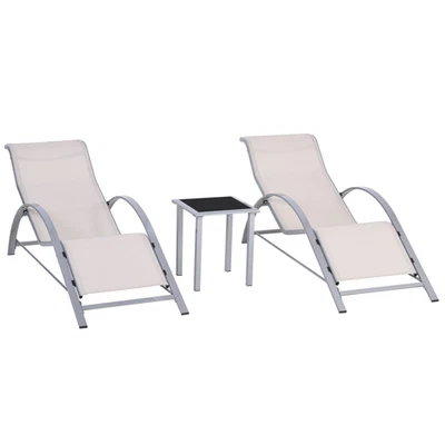 3-Piece Sun Lounger Set Cream Metal & Mesh Lounger 59x169x66cm Table 41x41x45cm - Image 1 of 4