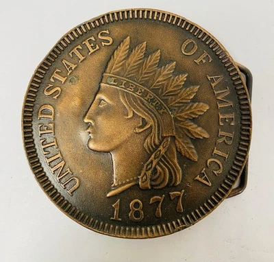 Hebilla de cinturón artesanal de metal Indian Head Penny Indiana 1877 vintage Foto 1 de 4