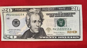 $20 Bill Fancy Serial No. It’s a Repeater, a Trinary and 4 of a Kind! 15222215 - Picture 1 of 4