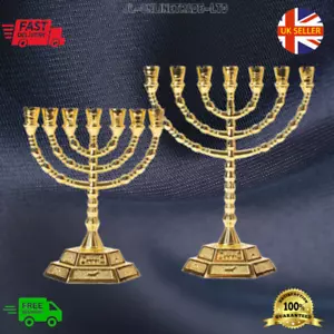 New Gold Hanukkah Gift Menorah 7 Branch Chanukah Menora 12 Tribes Symbol - Picture 1 of 26