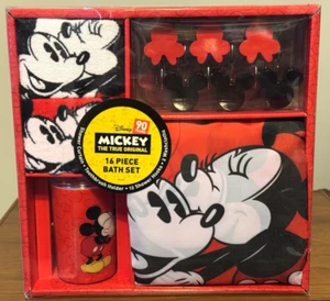 DISNEY 16 Pc Mickey/Minnie BATH SET-Curtain w/Hooks-Wash Cloths-Toothbrush Holdr - Picture 1 of 8