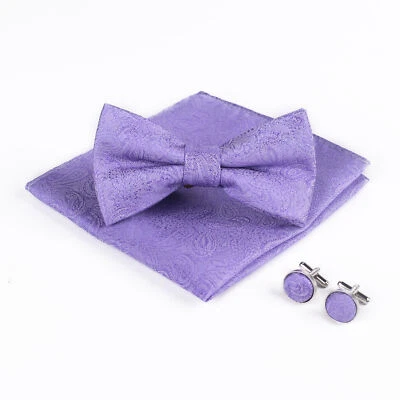 Men Paisley Pre-tied Bowtie Pocket Square Cufflinks Flower Hanky Wedding Set - Image 1 of 4