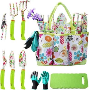 Garden Tool Set Floral Print Gardening 9-PC Tools Kit Gloves Tote Kneeling Pad - Picture 1 of 6