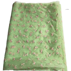 Vintage Flock Fabric Spring Green Pink Flocked Flowers 45" x 4 yards - 3" Sheer - Picture 1 of 6