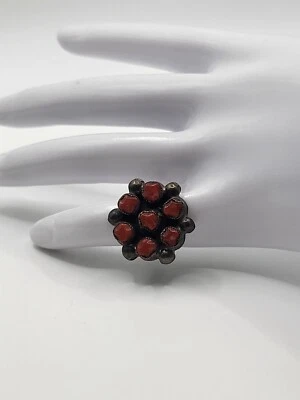 Anillo Navajo Southwestern Sterling Petite Point Cluster Coral Rojo Firmado Talla 4.5 Foto 1 de 4