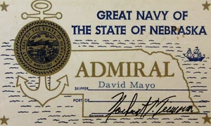 Nebraska Admiral Identification Card Civic Honor Governor Norbert Tiemann 1960s - Picture 1 of 3