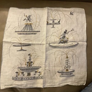 Vintage Ladies Hankie Handkerchief -Jeanne Miller Fountains! 14.5 White Grey - Picture 1 of 3