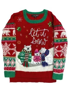 Womens Red Sequin Polar Bear Let it Snow Christmas Holiday Sweater - Picture 1 of 1
