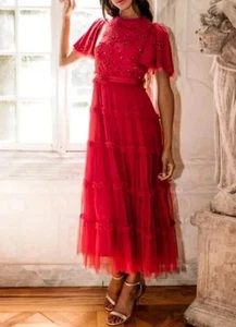 NEW Ivy City XXS Red Beaded Anastasia Tulle Dress Tiered Midi - Picture 1 of 15