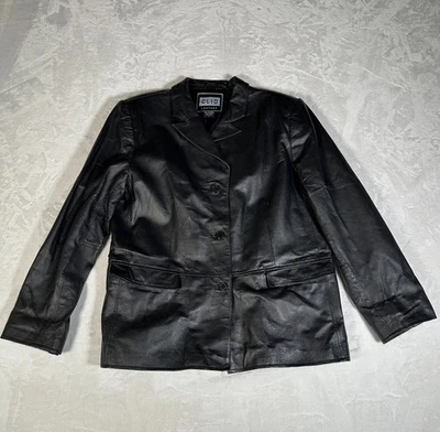Chaqueta de Cuero CLIO Mujer Talla L Negra Acolchada Hombro Cierre Botón Años 90 Y2K Foto 1 de 4