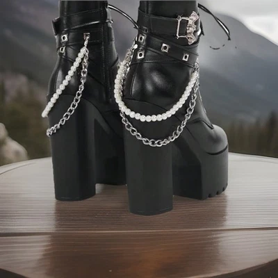 Platform Thick Heel Pearl Chain Lace-Up Bat Buckle Ankle Boots  (Black) (8) - Image 1 of 4