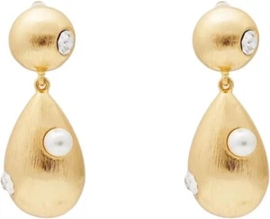 Kenneth Jay Lane, Gold Drop Clip Earrings With Pearl & Crystals - Picture 1 of 5