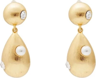 Brincos Kenneth Jay Lane com clipe de gota de ouro com pérola e cristais - Imagem 1 de 4