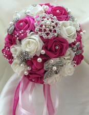 Bridal Posy Bouquet Fuschia and Ivory Roses with Brooches