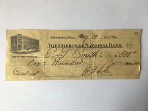 1927 The Cherokee National Bank Super-Safety Bank Check, Cherokee, Okla. 8.25"Lg - Picture 1 of 6