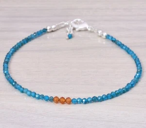 Natural Hessonite & Apatite 2 Faceted Round Gemstone Beads Unisex Bracelet 6-8" - Picture 1 of 8