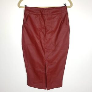 Women’s Boohoo Red Faux Leather 4- Pocket Midi Skirt/Pencil Skirt, SZ: 4