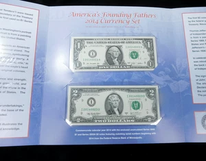 2014 America's Founding Fathers $1 & $2 FRN Matching Serial Number Set in BEP - Picture 1 of 6