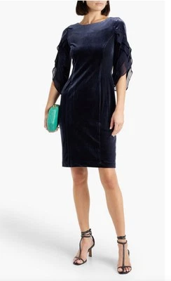 Nuevo con etiquetas Vestido para mujer DKNY de terciopelo zafiro con ribete de gasa línea A MARP $139 talla 14 Foto 1 de 4