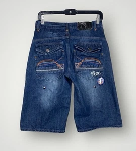 Y2K Rocawear Boys 14 Blue Denim Shorts Rebels Studded Embroidered - Picture 1 of 7