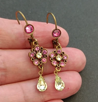 Michal Negrin Earrings Feminine Pink Yellow Crystal Flower Drop Dainty Fairycore - Image 1 of 4