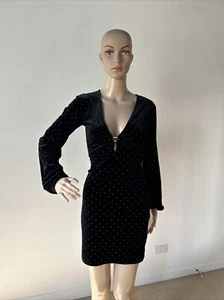 Mini Vestido Leith Negro Terciopelo Elástico Plateado Metal Tachuelas Mangas Largas Cuello en V XS - Imagen 1 de 12