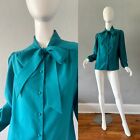 Vintage 70s Teal Bow Button Long Sleeve Secretary Blouse Top M