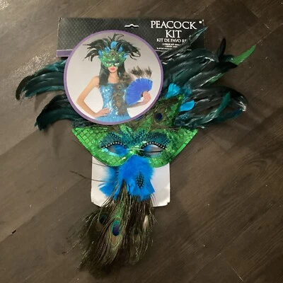 PEACOCK FEATHERS COSTUME MASQUERADE MASK & HAND FAN KIT ACCESSORY MARDI GRAS~NEW - Image 1 of 4