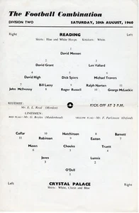Reading v Crystal Palace Reserves Programme 20.8.1960 - Picture 1 of 1