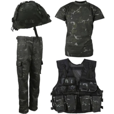 BOYS ARMY SOLDIER OUTFIT KIDS TROUSERS T-SHIRT ASSAULT VEST HELMET BLACK CAMO - Image 1 of 4