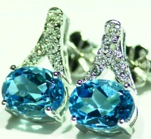 Orecchini a goccia fidanzamento aureola diamante taglio topazio blu naturale oro 14 kt 3,77 ct - Foto 1 di 5