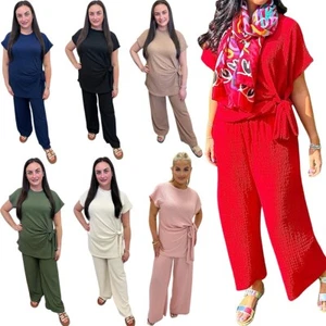 Ladies Textured Cheesecloth Frill Sleeve Top Trouser 2PCS Co-Ord Loungewear Set - Picture 1 of 8