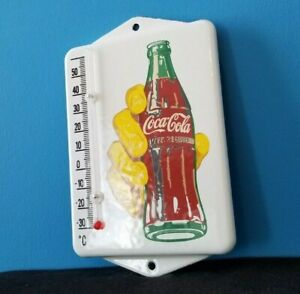VINTAGE COCA-COLA PORCELAIN GAS SODA BOTTLE SODA HAND AD SIGN THERMOMETER