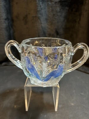 NORTHWOOD Sugar Open EAPG Blue Enameled Singing Birds 3 1/2" Tall x 7" Across - Image 1 of 4