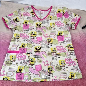 Blusa Médica Cuadrada Nickelodeon Bob Esponja Para Mujer’s M Cuello en V Rosa Borde Dibujos Animados - Imagen 1 de 13