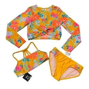 NEW Art Class MEDIUM Yellow Floral Print 3 Piece Bikini Rashguard Surf Swim Set - Picture 1 of 7