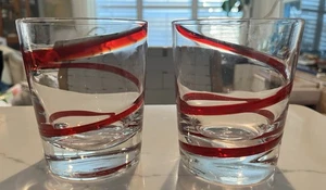 2 Pier 1 Pier One Red Swirl Line 12oz Low Ball/Old Fashioned/Cocktail Glasses - Picture 1 of 7