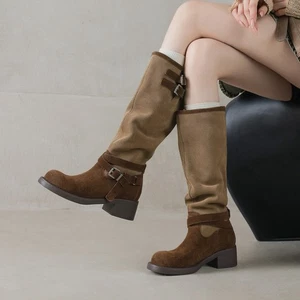 Retro Womens Knee High Boots Suede Leather Buckle Knight Western Cowboy Boots Sz - Picture 1 of 24