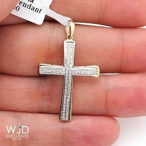 0.20Ct Natural Diamond 10k Solid Yellow Gold Cross Religious Pendant 1.4" - Picture 1 of 5