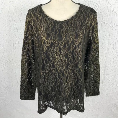 Camisa Top Chicos 3 Encaje Superpuesto Talla XL Negra/Dorada Forrada Elástica Pullover Foto 1 de 4