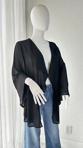 Women’s Sheer Black Kimono CardiganOpen Front Chiffon with Flowy Bell SleevesXXL - Picture 1 of 16