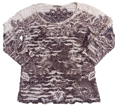 Camisa Suzie Vintage Para Mujer Mediana Blanca Marrón Paisley Volantes Manga Larga Jersey Foto 1 de 4