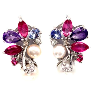 925 Sterling Silver White Pearl, Ruby, Amethyst, Tanzanite & Zircon Earrings - Picture 1 of 4